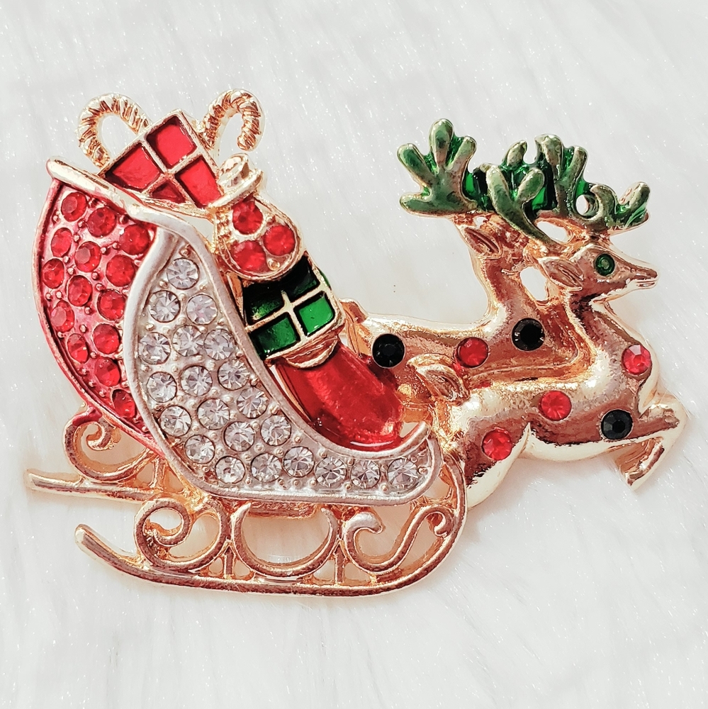Reindeer Sleigh Rhinestone Christmas Brooch pin - Picture 5 of 7